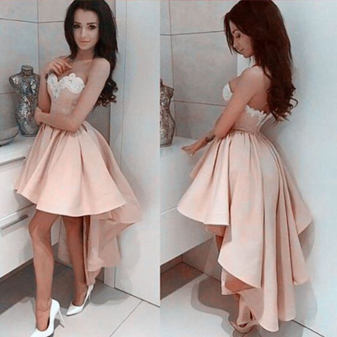 Appliques Pink A Line Homecoming Dresses Strapless Sweetheart Satin Backless High Patience Low Pleated