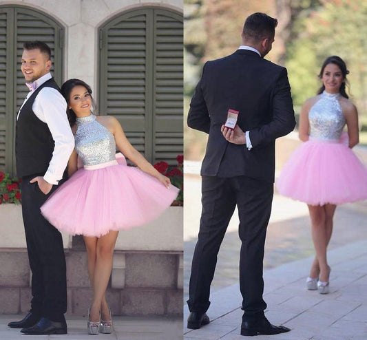 Lydia Pink Ball Gown Halter Sleeveless Homecoming Dresses Cute Short Tulle Beading