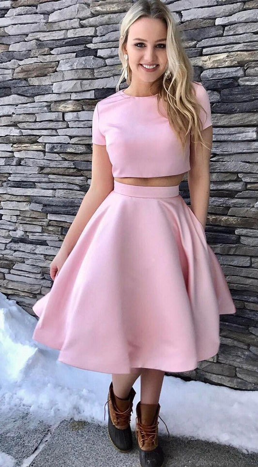 Short Sleeve Veronica Homecoming Dresses Jewel Two Pieces A Line Satin Pink Pleated