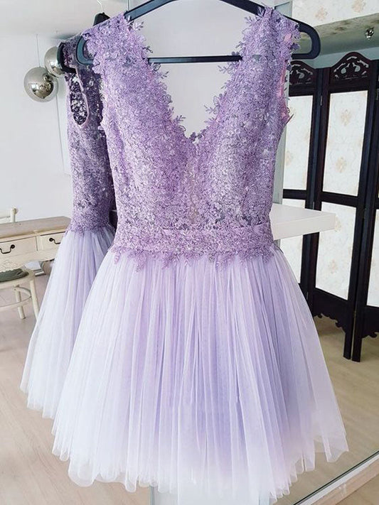 Deep V Neck Lavender Tulle Homecoming Dresses Pleated Lace Sleeveless A Line Lindsey Backless