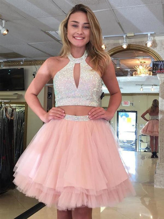 Halter Nancy Sleeveless Cut Out A Line Pleated Homecoming Dresses Tulle Pink Two Pieces Beading