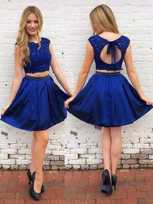 Zoe Cap Sleeve Homecoming Dresses Appliques A Line Pleated Satin Royal Blue Jewel Backless