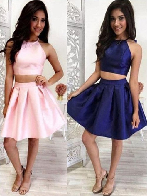 Halter Two Pieces Sleeveless Pamela Short Homecoming Dresses Pleated A Line Satin