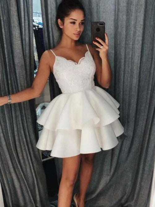 Ball Gown Tiered Pleated V Neck Spaghetti Homecoming Dresses Straps Vivian Lace Satin Ivory Short