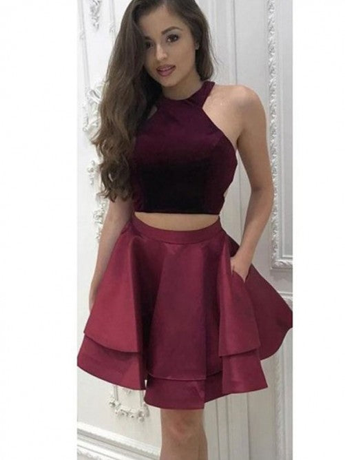 Halter Sleeveless Homecoming Dresses Two Pieces Satin Burgundy A Line Pleated Carlie Tiered Short