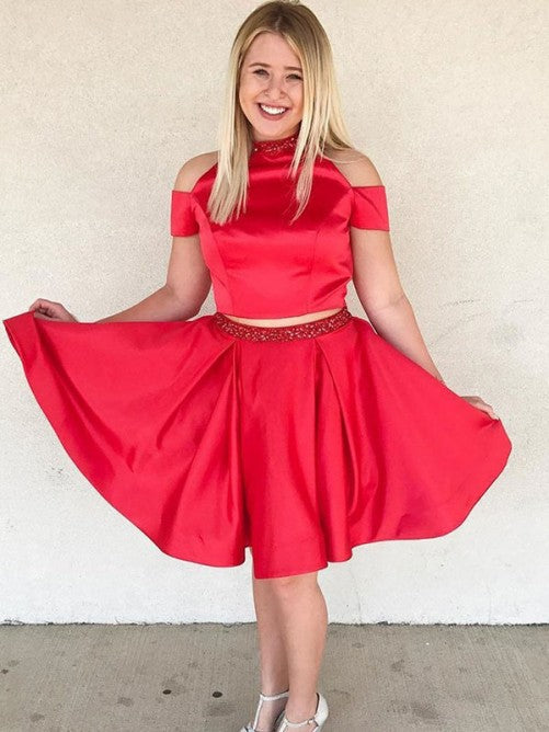 Homecoming Dresses Off The Shoulder Jewel Red Satin A Line Pleated Two Pieces Emilee Beading