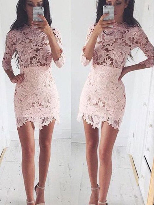 Jewel Long Sleeve Lace Homecoming Dresses Gillian Flowers Appliques Pink Lace Sheath Short