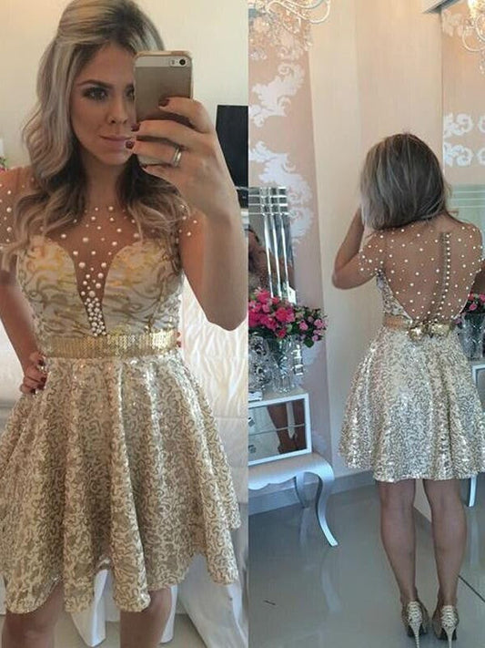 Jewel Short Sleeve Sheer Homecoming Dresses Back Carina Button A Line Sequins Sexy Short