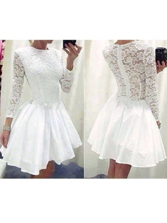 Long Sleeve Jewel A Line Homecoming Dresses White Pleated Lace Mareli Appliques Satin