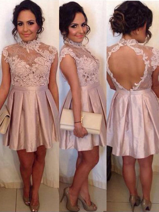 Lace Appliques Sheer High Neck Backless Homecoming Dresses Rosemary Cap Sleeve Satin Dusty Rose