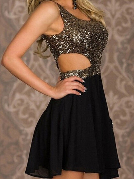 Scoop Sleeveless Homecoming Dresses Cut Esther Out Chiffon A Line Black Short Sexy Sequins