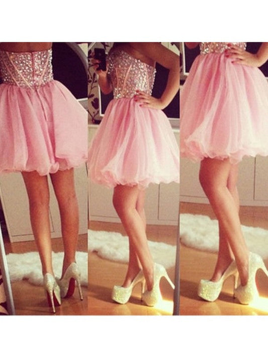 Aspen Organza Strapless Pink Sweetheart Pleated Homecoming Dresses Backless A Line Beading Short