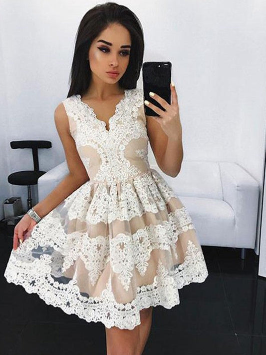 A Line Sleeveless Savannah V Neck Lace Flowers Ivory Appliques Homecoming Dresses Pleated