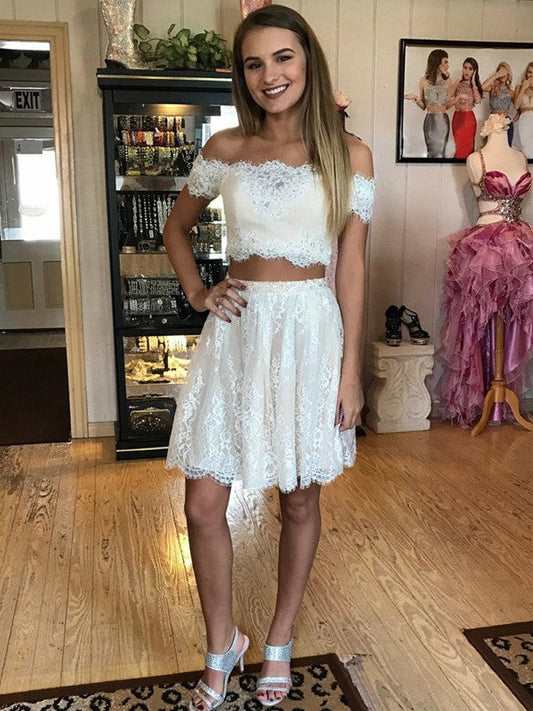 Off The Shoulder Two Pieces A Line Lace Homecoming Dresses Carmen White Appliques Pleated