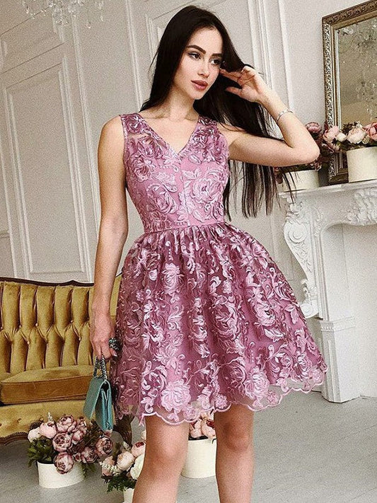 V Neck Sleeveless Homecoming Dresses Rebecca Ball Gown Appliques Lace Flowers Pink