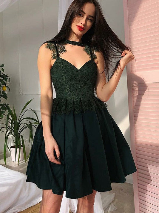 Sleeveless A Line Homecoming Dresses Pleated V Neck Norah Appliques Lace Dark Green Satin
