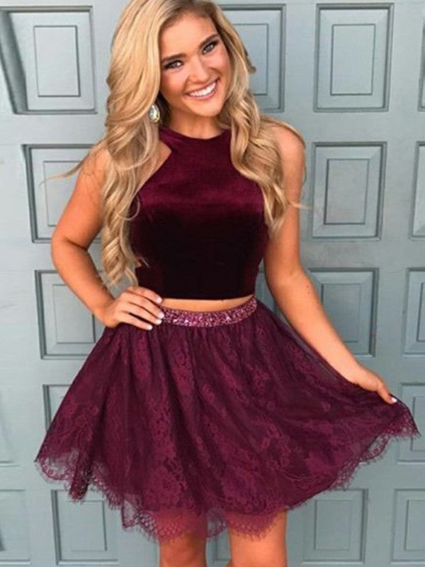 Homecoming Dresses Two Pieces Burgundy A Gisselle Line Halter Sleeveless Lace Flowers Beading