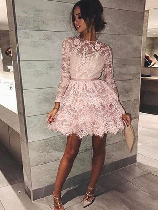 Long Sleeve Jewel Lace A Line Tiered Homecoming Dresses Short Flowers Martha Pink Sheer