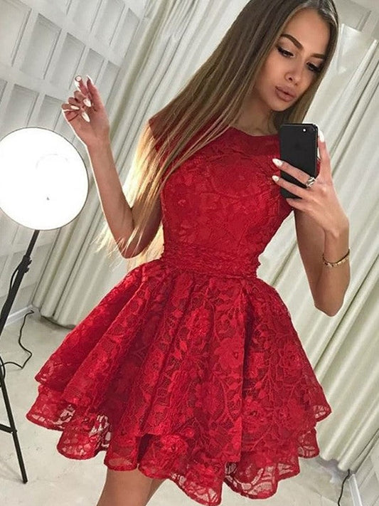A Homecoming Dresses Line Red Pleated Lace Appliques Maddison Flowers Pleated Tulle Cap Sleeve