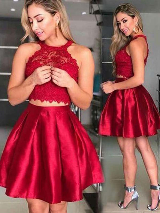 Sleeveless Helen Two Pieces Homecoming Dresses Halter A Line Satin Pleated Lace Short Red