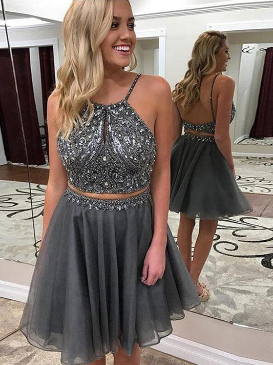 Halter Spaghetti Straps Grey Backless A Line Organza Two Pieces Homecoming Dresses Jacqueline Beading