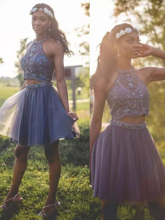 Ashly Halter Homecoming Dresses Sleeveless A Line Pleated Two Pieces Tulle Beading Short