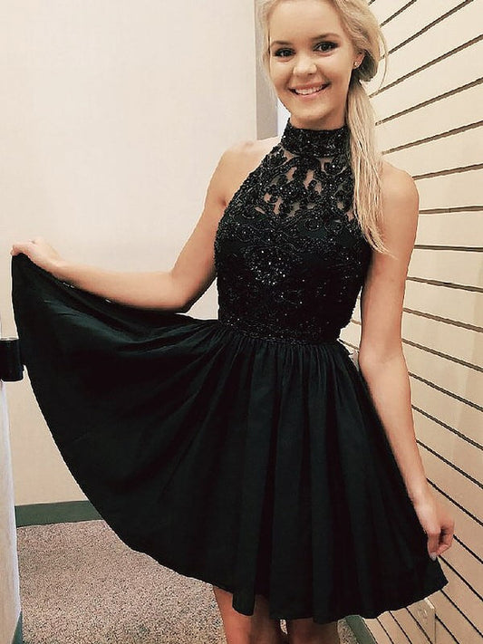 Kaley Halter Sleeveless A Line Pleated Homecoming Dresses Black Satin Appliques Beading