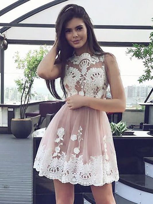 Homecoming Dresses Sleeveless Jewel Karma A Line Dusty Rose Appliques Lace Pleated Short