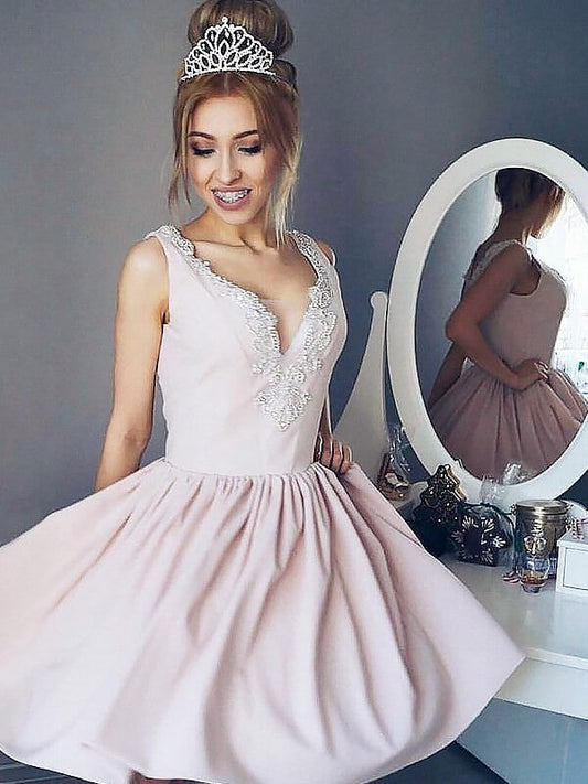 Deep V Neck Sleeveless Appliques Homecoming Dresses A Line Satin Pink Pleated Lilah Short