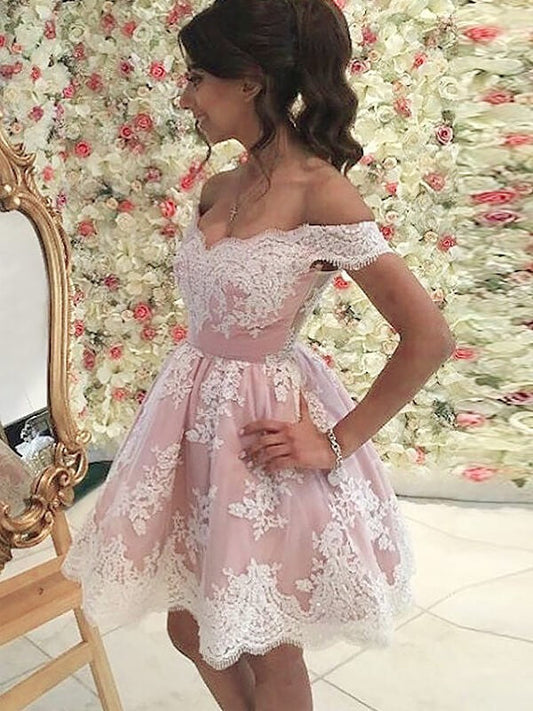 Off Jaliyah Homecoming Dresses The Shoulder V Neck Appliques Lace Pink A Line Pleated Short