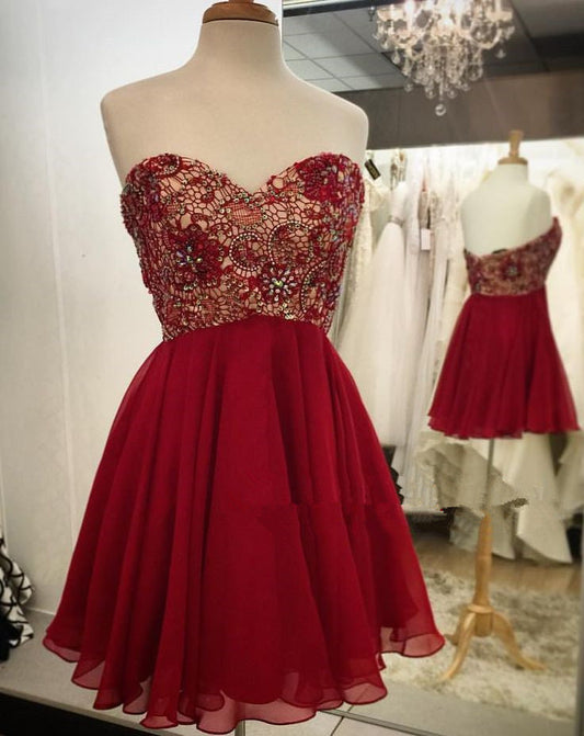 Backless Strapless Sweetheart A Homecoming Dresses Line Chiffon Red Pleated Lace Dulce Beading