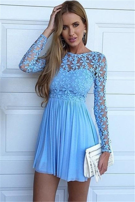 Jewel Long Sleeve Yoselin Homecoming Dresses Blue Lace Hollow A Line Chiffon Flowers Pleated