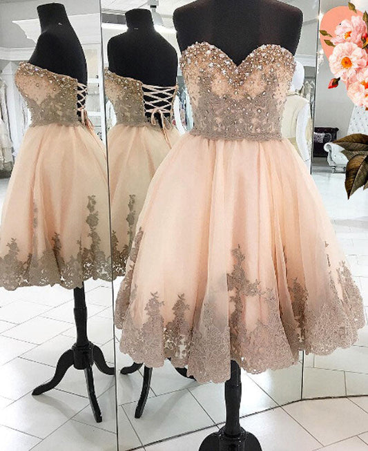 Strapless Sweetheart Backless Homecoming Dresses Lace Appliques Cloe Rhinestone A Line Pleated