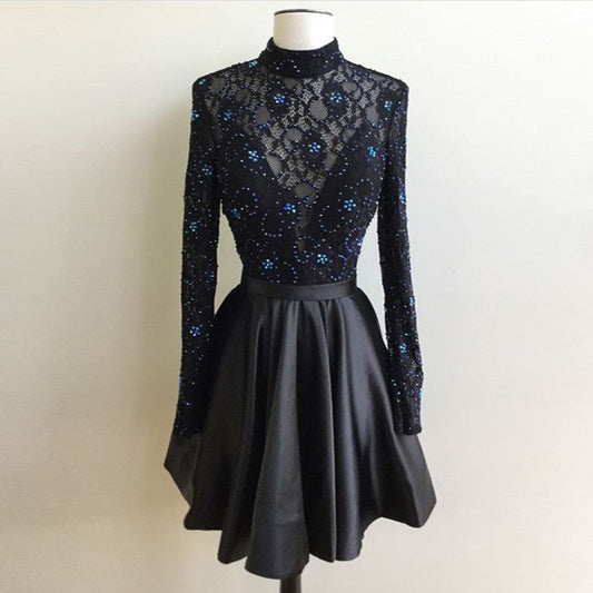 Lace A Line Beading Satin Pleated Helen Homecoming Dresses Black Long Sleeve High Neck Short