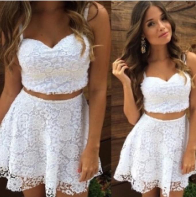 Spaghetti straps Sweetheart Homecoming Dresses Two Pieces Lace White A Line Alina Short