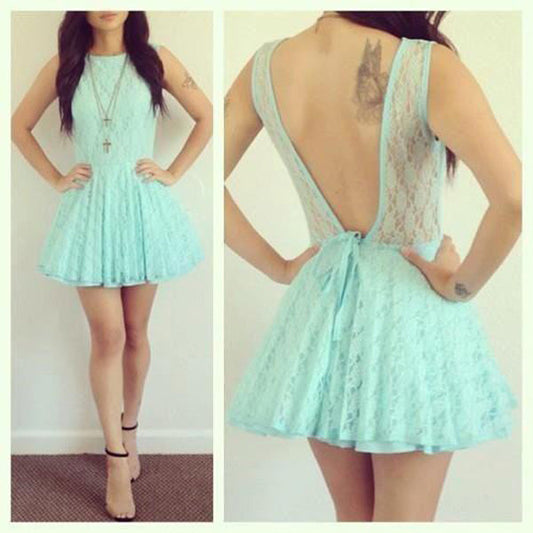 Backless Jewel Homecoming Dresses Sleeveless A Line Veronica Lace Pleated Blue Hollow Short