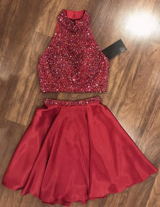 Halter Sleeveless Red A Line Two Pieces Homecoming Dresses Beading Keyla Satin Pleated Short