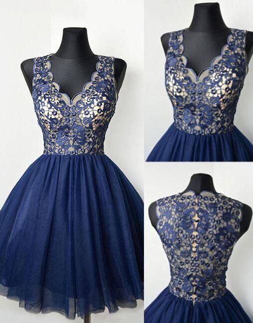V Neck Sleeveless Appliques Tulle Pleated Homecoming Dresses A Line Braelyn Navy Blue