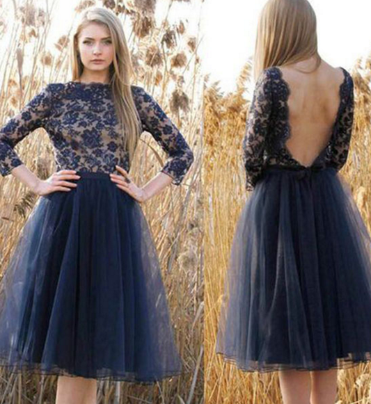 Jewel Long Sleeve Dark Navy Lace Homecoming Dresses Backless Flowers A Line Alexis Tulle Pleated