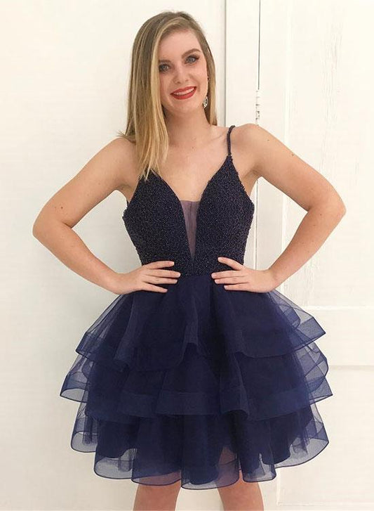 Spaghetti Straps Jaylene Deep Homecoming Dresses V Neck Ball Gown Tiered Dark Navy Organza
