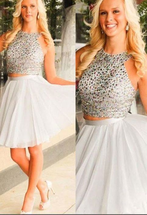 Halter Sleeveless White Beading Nataly Two Pieces A Line Homecoming Dresses Chiffon