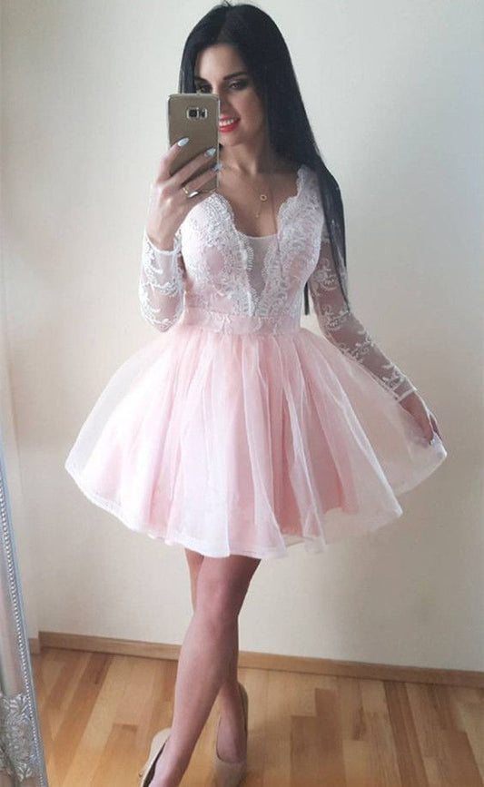 Lace Long Sleeve Sheer Tulle Pleated Short Deep V Homecoming Dresses Heaven Neck Exquisite Pink