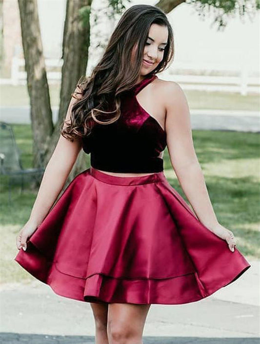 Homecoming Dresses Halter Sleeveless Allie Two Pieces Satin Burgundy Pleated Short