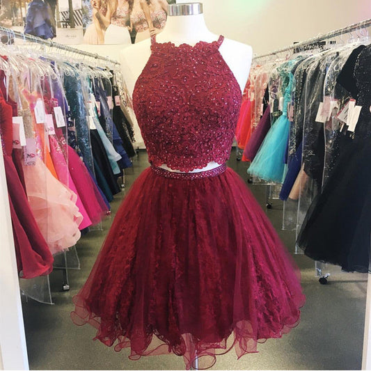 Burgundy Halter Sleeveless Homecoming Dresses Two Pieces A Line Appliques Lace Paisley Organza