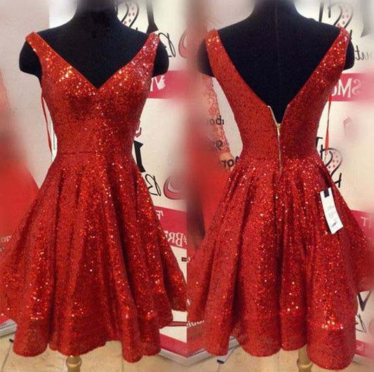 V Neck Sleeveless Adrienne Backless Pleated A Line Homecoming Dresses Sequins Red Sparkle