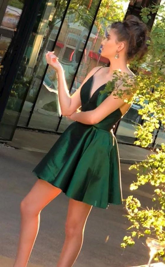 Allyson Deep V Neck Spaghetti Straps Homecoming Dresses Short Satin Dark Green Pleated