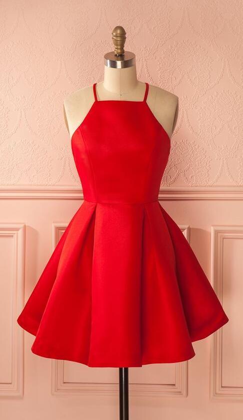 Sleeveless Red Jaden Halter Spaghetti Straps A Homecoming Dresses Line Pleated Satin Short