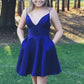 Deep V Neck Royal Blue Spaghetti Maren Homecoming Dresses Straps A Line Satin Pleated Sexy Short