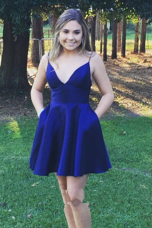 Deep V Neck Royal Blue Spaghetti Maren Homecoming Dresses Straps A Line Satin Pleated Sexy Short