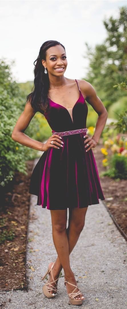 A Line Patricia Homecoming Dresses Deep V Neck Spaghetti Straps Pleated Short Backless Cut Out